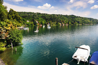 Scenic view of lake by trees against sky