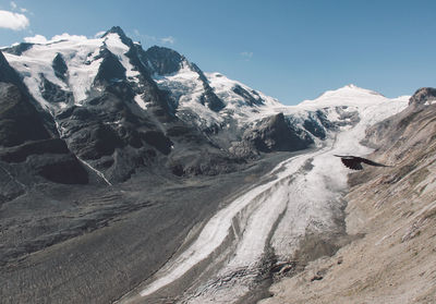 Scenic view of snow covered mountains against clear sky