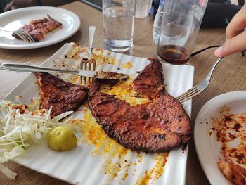 High angle view of food served on table