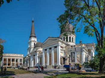 Low angle view of historic building against clear sky