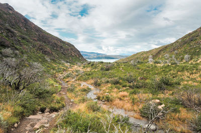 Scenic view of landscape and mountains against sky