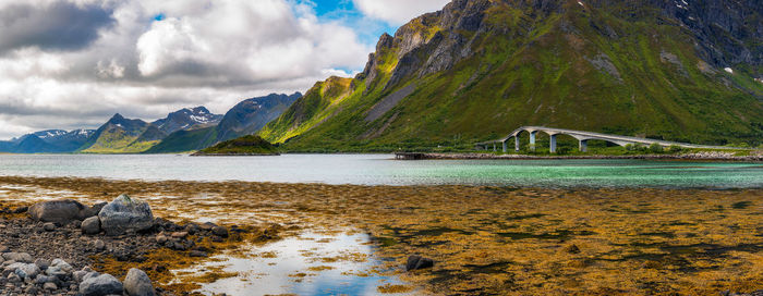 Scenic view of lake and mountains against sky