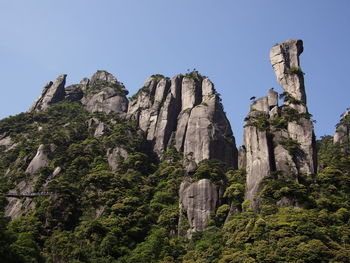 Low angle view of rocks against clear sky