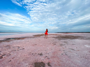 Rear view of woman walking at beach against sky