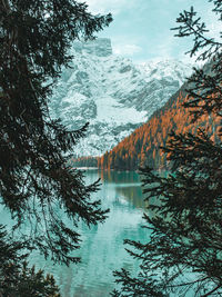 Scenic view of lake and snowcapped mountains during autumn