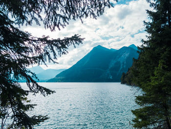 Scenic view of lake and mountains against sky