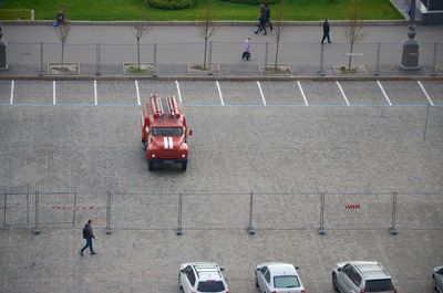 High angle view of people on road