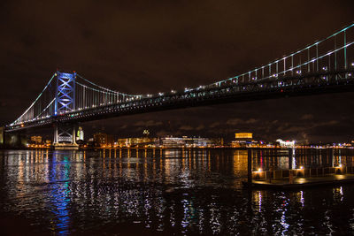 Illuminated bridge over river at night