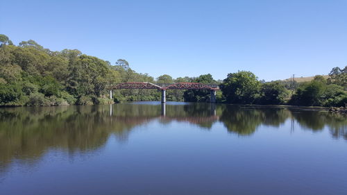 Scenic view of lake against clear blue sky