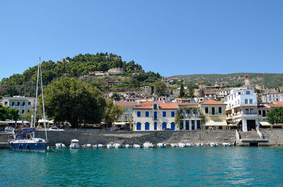 Houses by sea against clear blue sky