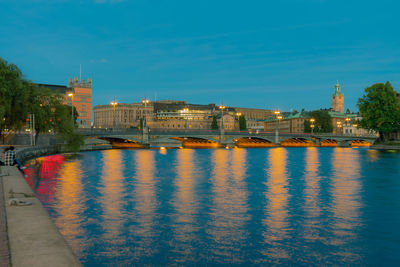 Illuminated buildings by river against blue sky