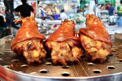 Close-up of meat on barbecue grill