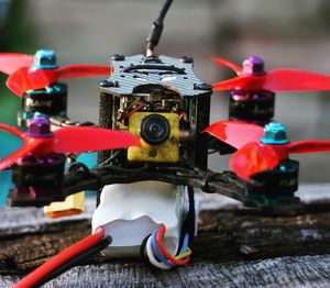 Close-up of drone on wooden table