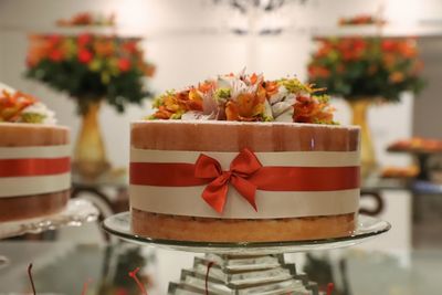 Close-up of christmas decorations on table