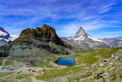 Beautiful reflection of the mattarhorn in the small lake riffelsee.