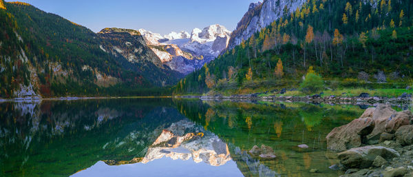 Scenic view of lake by mountains against sky