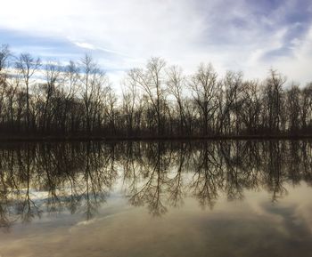 Scenic view of lake against cloudy sky