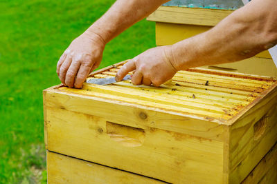 Close-up of man working on wood