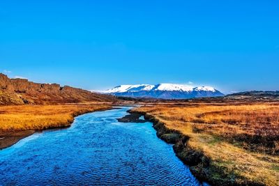 Scenic view of calm lake against clear blue sky