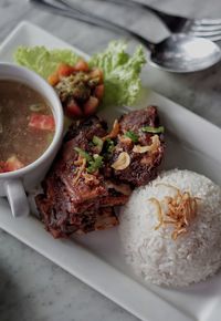 High angle view of food in plate