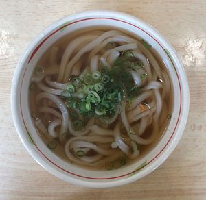 High angle view of soup in bowl on table