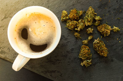 High angle view of coffee on table