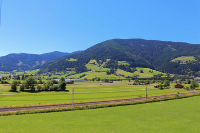 Scenic view of field against clear sky