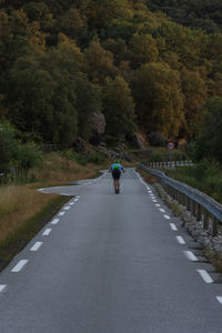 Rear view of person rollerskiing on road