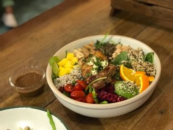 High angle view of food in bowl on table