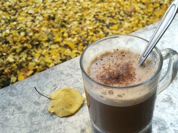 Close-up of hot chocolate on retaining wall