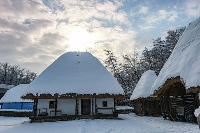 Snow covered houses and trees against sky