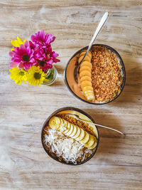 High angle view of breakfast on table