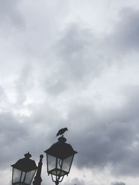 Low angle view of bird perching on statue against sky
