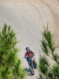 High angle view of man riding motorcycle
