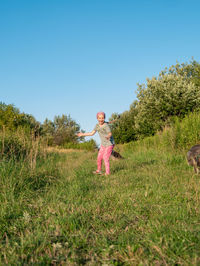 Little girl hugging playing with dog walking spending time together. child with pet in summer meadow