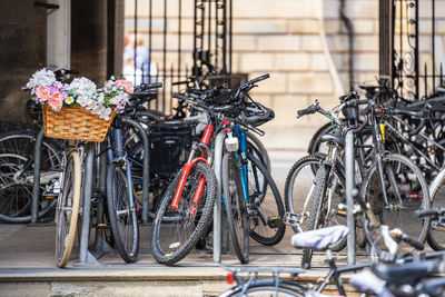 View of bicycles parked in basket on building