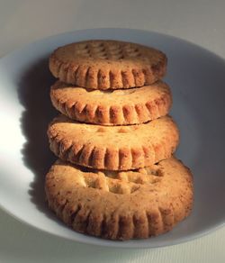 High angle view of cookies in plate