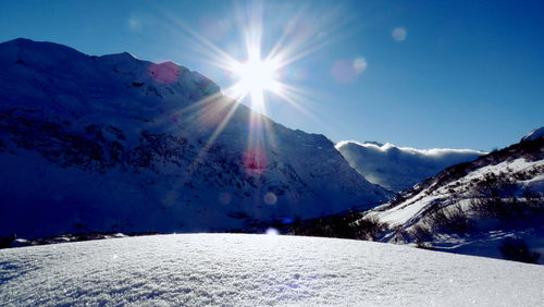 Scenic view of snow covered mountains against sky
