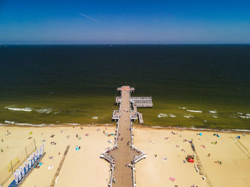 High angle view of the crowd on the beach against sky aerial view of the pier in gdansk, poland. 