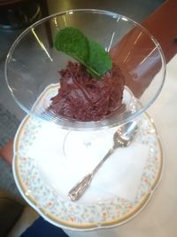 High angle view of dessert in plate on table