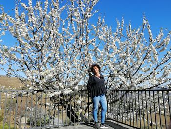 Full length of woman standing on cherry blossom tree