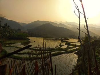 Scenic view of lake against sky during sunset