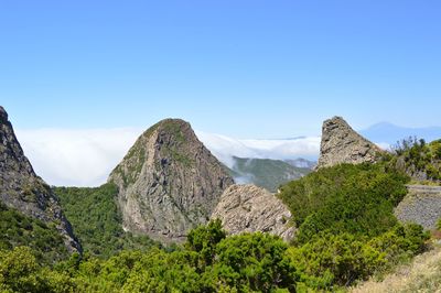 Panoramic view of landscape and mountains against clear blue sky