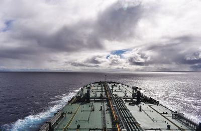 High angle view of ship on sea against sky