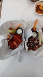 High angle view of food in plate on table
