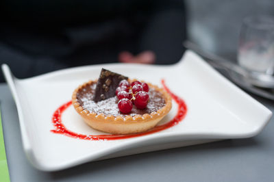 High angle view of cake in plate on table
