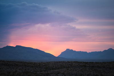 Scenic view of silhouette mountains against sky during sunset