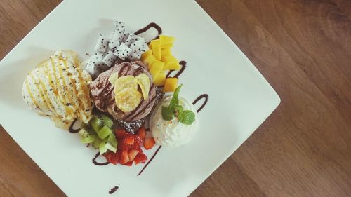 High angle view of food in plate on table