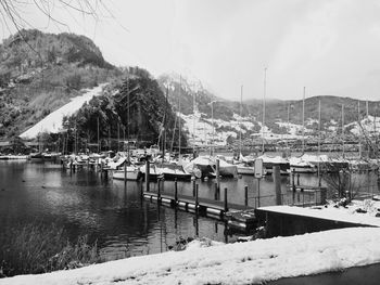 Scenic view of lake against sky during winter