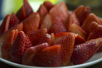 Close-up of chopped strawberries in plate